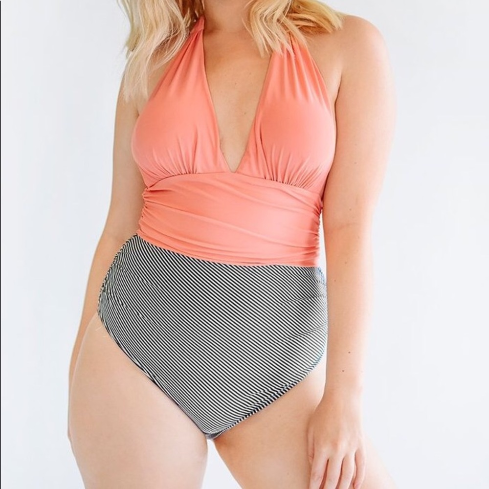CUPSHE Halter Pink and B/W Striped One Piece